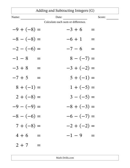 The Adding and Subtracting Mixed Integers from -9 to 9 (25 Questions; Large Print) (G) Math Worksheet