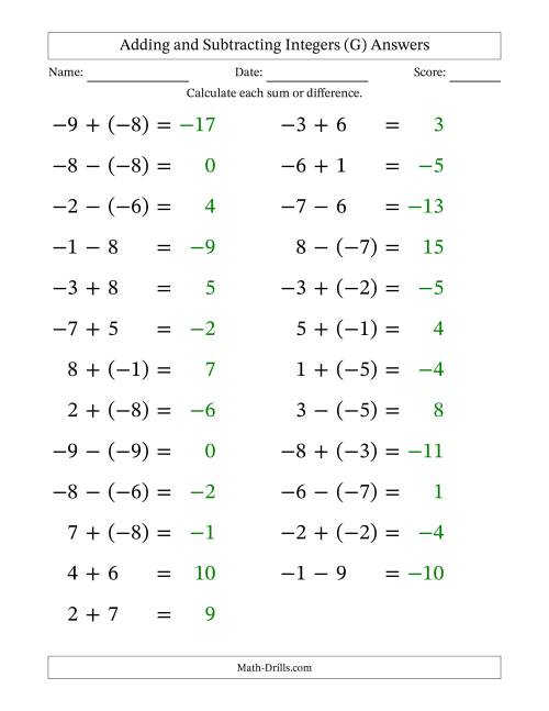 The Adding and Subtracting Mixed Integers from -9 to 9 (25 Questions; Large Print) (G) Math Worksheet Page 2