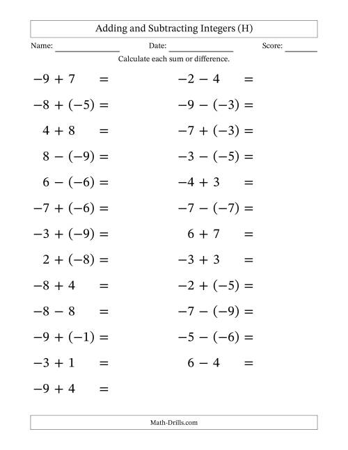 The Adding and Subtracting Mixed Integers from -9 to 9 (25 Questions; Large Print) (H) Math Worksheet