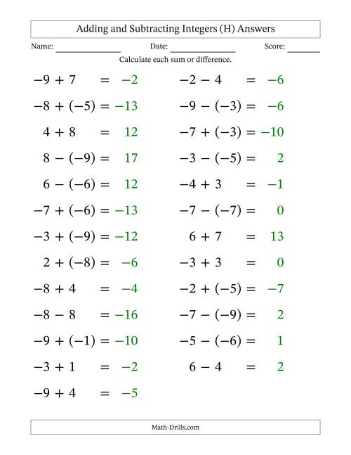 The Adding and Subtracting Mixed Integers from -9 to 9 (25 Questions; Large Print) (H) Math Worksheet Page 2