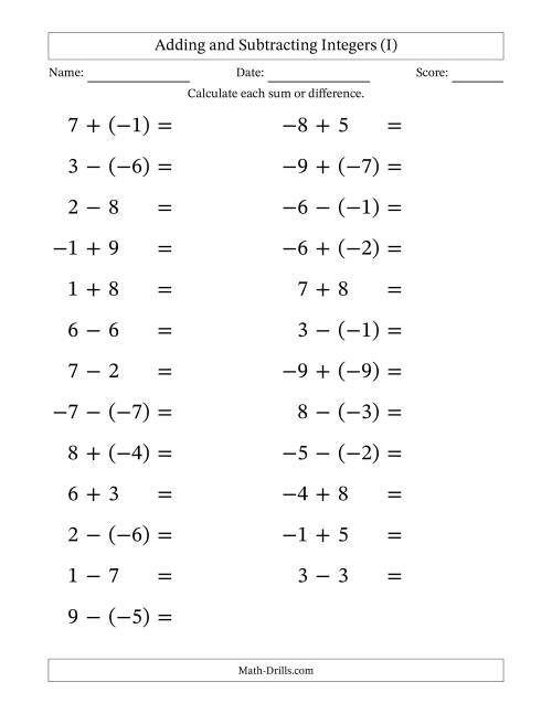 The Adding and Subtracting Mixed Integers from -9 to 9 (25 Questions; Large Print) (I) Math Worksheet