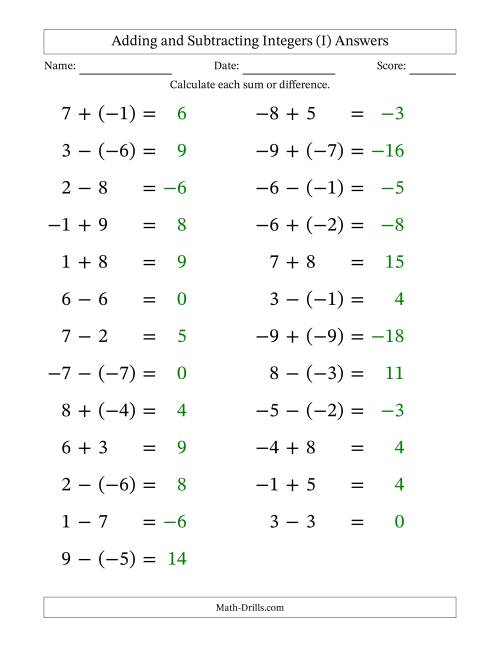 The Adding and Subtracting Mixed Integers from -9 to 9 (25 Questions; Large Print) (I) Math Worksheet Page 2