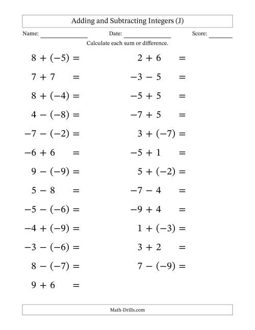 The Adding and Subtracting Mixed Integers from -9 to 9 (25 Questions; Large Print) (J) Math Worksheet