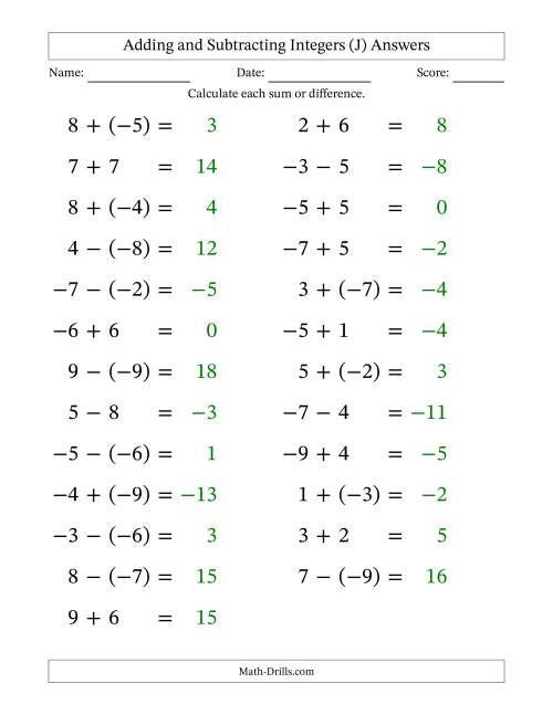 The Adding and Subtracting Mixed Integers from -9 to 9 (25 Questions; Large Print) (J) Math Worksheet Page 2