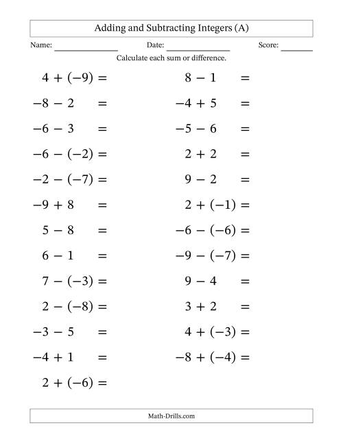 The Adding and Subtracting Mixed Integers from -9 to 9 (25 Questions; Large Print) (All) Math Worksheet