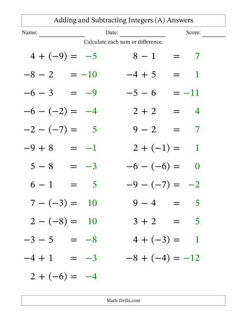 The Adding and Subtracting Mixed Integers from -9 to 9 (25 Questions; Large Print) (All) Math Worksheet Page 2