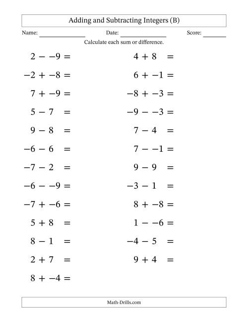 The Adding and Subtracting Mixed Integers from -9 to 9 (25 Questions; Large Print; No Parentheses) (B) Math Worksheet