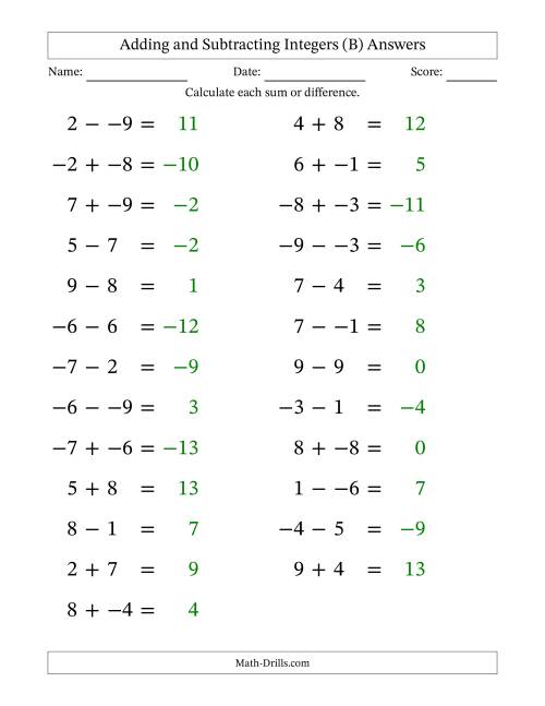 The Adding and Subtracting Mixed Integers from -9 to 9 (25 Questions; Large Print; No Parentheses) (B) Math Worksheet Page 2