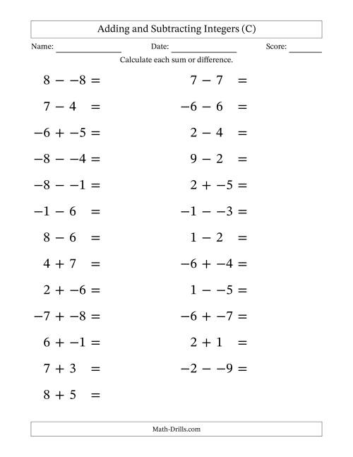 The Adding and Subtracting Mixed Integers from -9 to 9 (25 Questions; Large Print; No Parentheses) (C) Math Worksheet