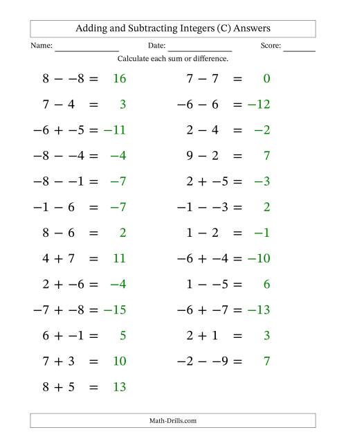 The Adding and Subtracting Mixed Integers from -9 to 9 (25 Questions; Large Print; No Parentheses) (C) Math Worksheet Page 2