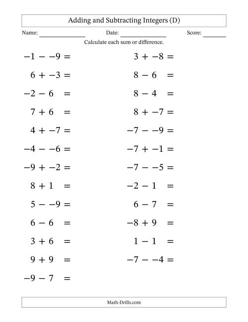 The Adding and Subtracting Mixed Integers from -9 to 9 (25 Questions; Large Print; No Parentheses) (D) Math Worksheet
