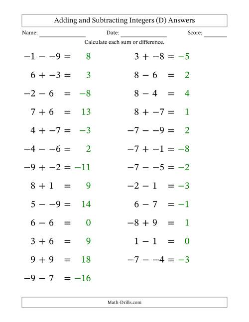 The Adding and Subtracting Mixed Integers from -9 to 9 (25 Questions; Large Print; No Parentheses) (D) Math Worksheet Page 2