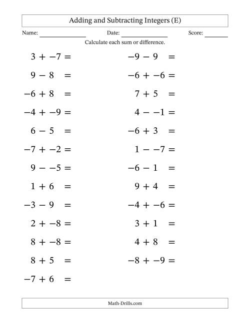 The Adding and Subtracting Mixed Integers from -9 to 9 (25 Questions; Large Print; No Parentheses) (E) Math Worksheet