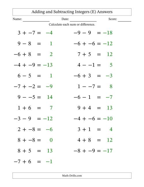 The Adding and Subtracting Mixed Integers from -9 to 9 (25 Questions; Large Print; No Parentheses) (E) Math Worksheet Page 2