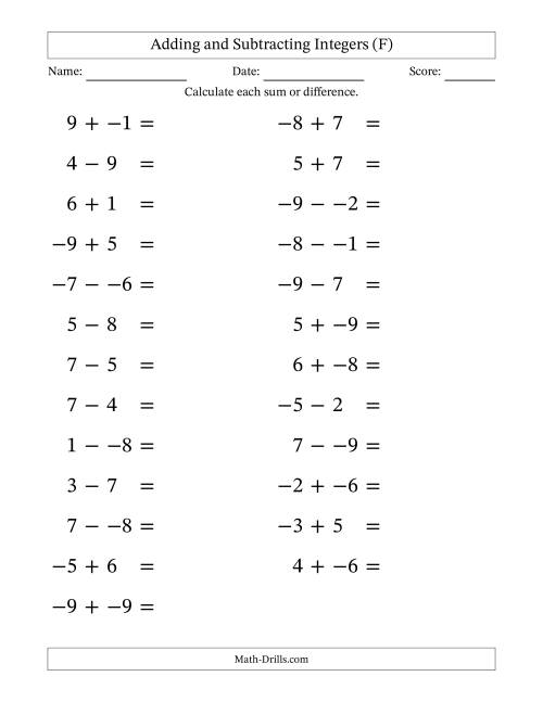 The Adding and Subtracting Mixed Integers from -9 to 9 (25 Questions; Large Print; No Parentheses) (F) Math Worksheet