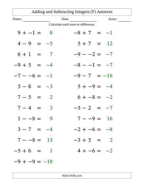 The Adding and Subtracting Mixed Integers from -9 to 9 (25 Questions; Large Print; No Parentheses) (F) Math Worksheet Page 2
