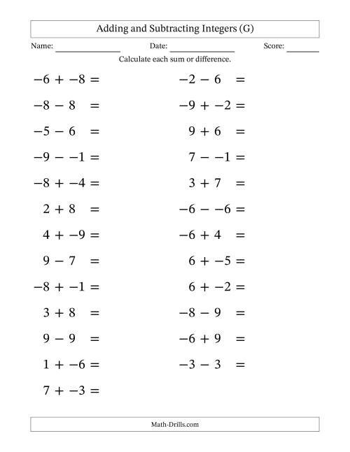 The Adding and Subtracting Mixed Integers from -9 to 9 (25 Questions; Large Print; No Parentheses) (G) Math Worksheet