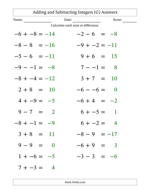The Adding and Subtracting Mixed Integers from -9 to 9 (25 Questions; Large Print; No Parentheses) (G) Math Worksheet Page 2