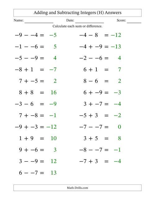 The Adding and Subtracting Mixed Integers from -9 to 9 (25 Questions; Large Print; No Parentheses) (H) Math Worksheet Page 2