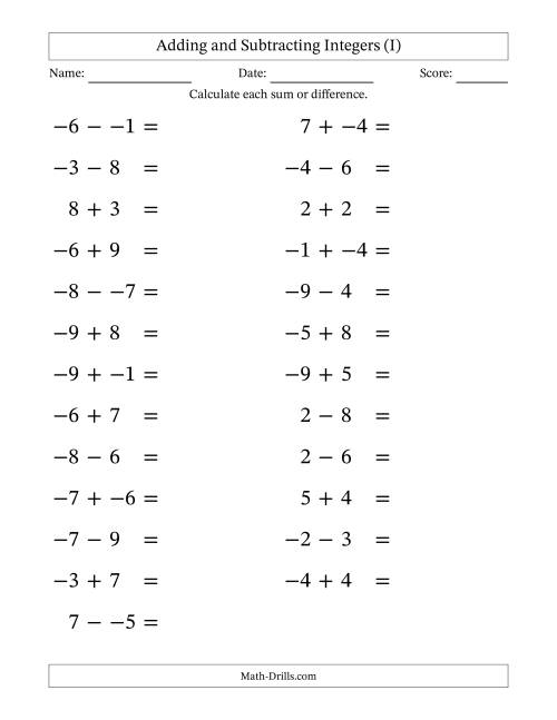 The Adding and Subtracting Mixed Integers from -9 to 9 (25 Questions; Large Print; No Parentheses) (I) Math Worksheet