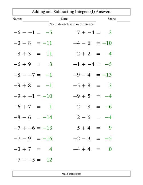 The Adding and Subtracting Mixed Integers from -9 to 9 (25 Questions; Large Print; No Parentheses) (I) Math Worksheet Page 2