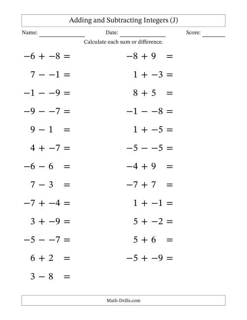 The Adding and Subtracting Mixed Integers from -9 to 9 (25 Questions; Large Print; No Parentheses) (J) Math Worksheet