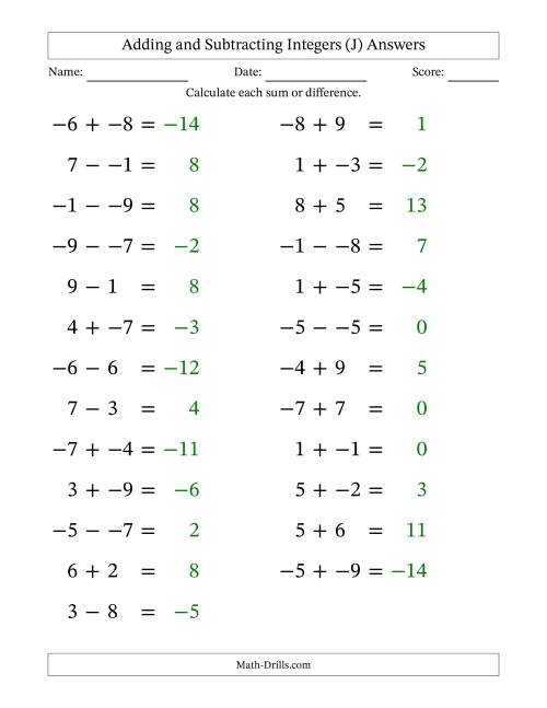 The Adding and Subtracting Mixed Integers from -9 to 9 (25 Questions; Large Print; No Parentheses) (J) Math Worksheet Page 2