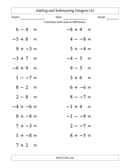 The Adding and Subtracting Mixed Integers from -9 to 9 (25 Questions; Large Print; No Parentheses) (All) Math Worksheet