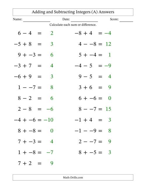 The Adding and Subtracting Mixed Integers from -9 to 9 (25 Questions; Large Print; No Parentheses) (All) Math Worksheet Page 2