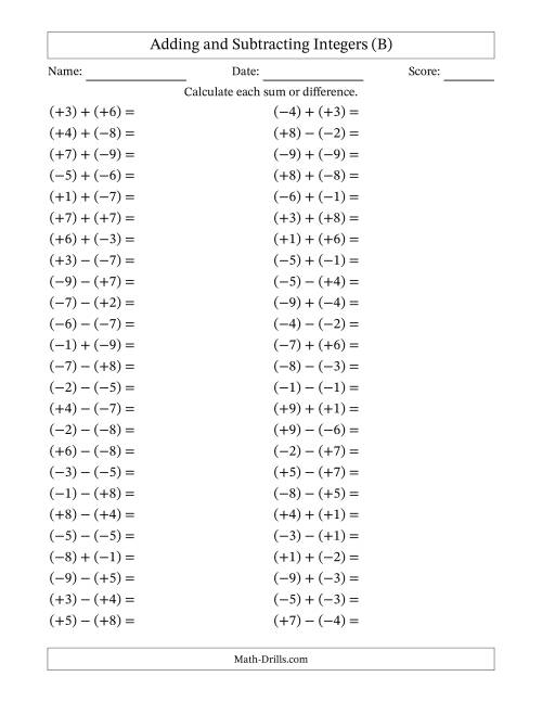 The Adding and Subtracting Mixed Integers from -9 to 9 (50 Questions; All Parentheses) (B) Math Worksheet