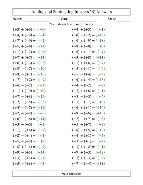The Adding and Subtracting Mixed Integers from -9 to 9 (50 Questions; All Parentheses) (B) Math Worksheet Page 2