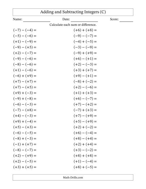 The Adding and Subtracting Mixed Integers from -9 to 9 (50 Questions; All Parentheses) (C) Math Worksheet