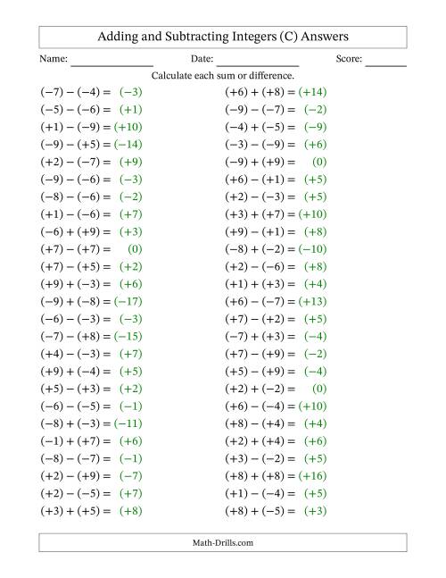 The Adding and Subtracting Mixed Integers from -9 to 9 (50 Questions; All Parentheses) (C) Math Worksheet Page 2