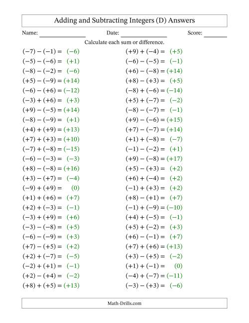 The Adding and Subtracting Mixed Integers from -9 to 9 (50 Questions; All Parentheses) (D) Math Worksheet Page 2