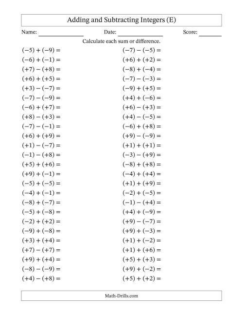 The Adding and Subtracting Mixed Integers from -9 to 9 (50 Questions; All Parentheses) (E) Math Worksheet