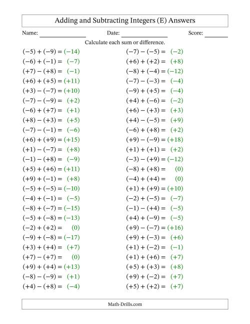 The Adding and Subtracting Mixed Integers from -9 to 9 (50 Questions; All Parentheses) (E) Math Worksheet Page 2