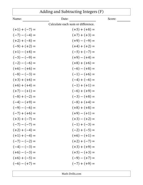 The Adding and Subtracting Mixed Integers from -9 to 9 (50 Questions; All Parentheses) (F) Math Worksheet
