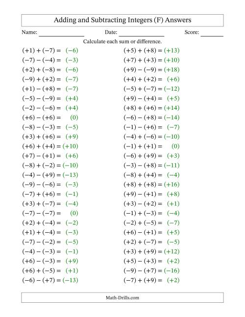 The Adding and Subtracting Mixed Integers from -9 to 9 (50 Questions; All Parentheses) (F) Math Worksheet Page 2