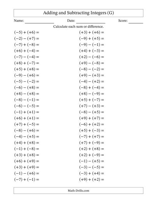 The Adding and Subtracting Mixed Integers from -9 to 9 (50 Questions; All Parentheses) (G) Math Worksheet