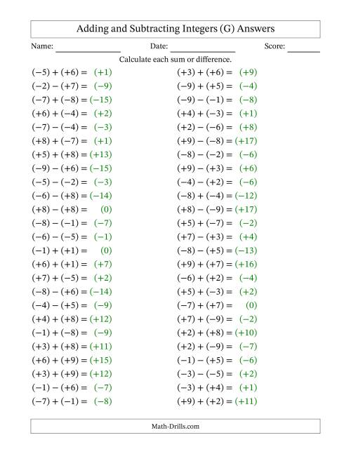 The Adding and Subtracting Mixed Integers from -9 to 9 (50 Questions; All Parentheses) (G) Math Worksheet Page 2