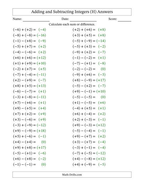 The Adding and Subtracting Mixed Integers from -9 to 9 (50 Questions; All Parentheses) (H) Math Worksheet Page 2