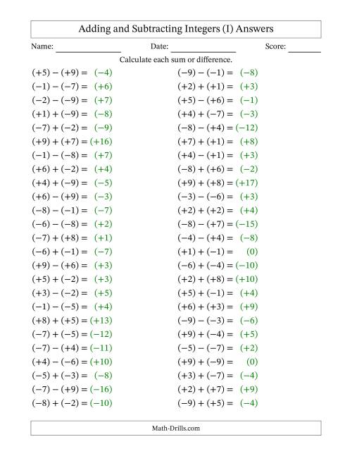 The Adding and Subtracting Mixed Integers from -9 to 9 (50 Questions; All Parentheses) (I) Math Worksheet Page 2