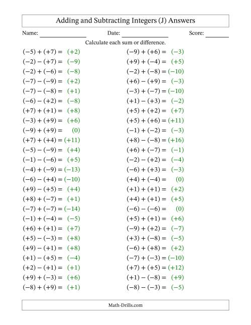 The Adding and Subtracting Mixed Integers from -9 to 9 (50 Questions; All Parentheses) (J) Math Worksheet Page 2