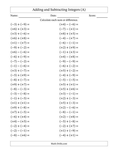 The Adding and Subtracting Mixed Integers from -9 to 9 (50 Questions; All Parentheses) (All) Math Worksheet