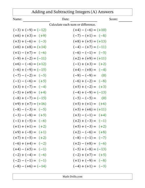 The Adding and Subtracting Mixed Integers from -9 to 9 (50 Questions; All Parentheses) (All) Math Worksheet Page 2
