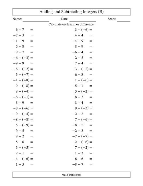 The Adding and Subtracting Mixed Integers from -9 to 9 (50 Questions) (B) Math Worksheet