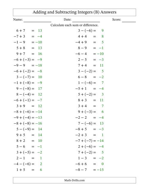 The Adding and Subtracting Mixed Integers from -9 to 9 (50 Questions) (B) Math Worksheet Page 2