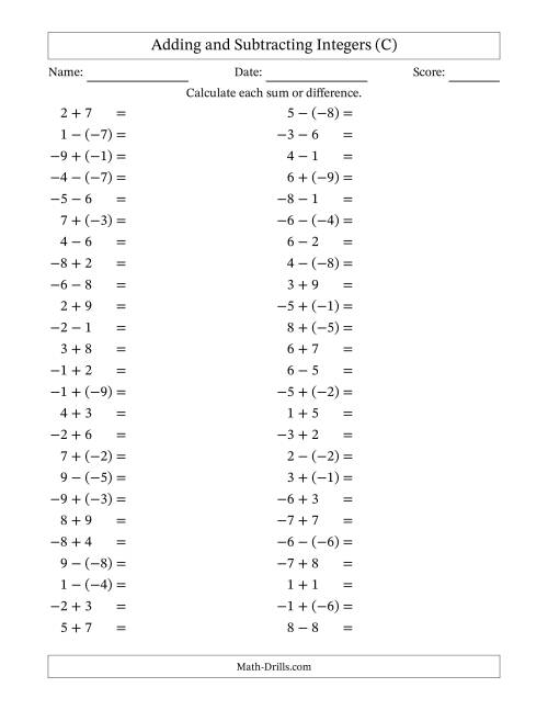 The Adding and Subtracting Mixed Integers from -9 to 9 (50 Questions) (C) Math Worksheet