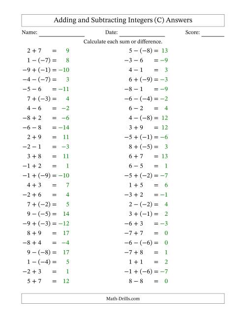 The Adding and Subtracting Mixed Integers from -9 to 9 (50 Questions) (C) Math Worksheet Page 2