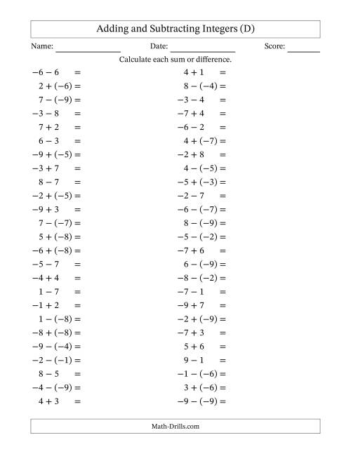 The Adding and Subtracting Mixed Integers from -9 to 9 (50 Questions) (D) Math Worksheet